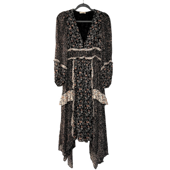 Ulla Johnson XS Primrose Dark Floral Silk Dress Boho Patchwork Long Sleeve 0 2 - Picture 2 of 12